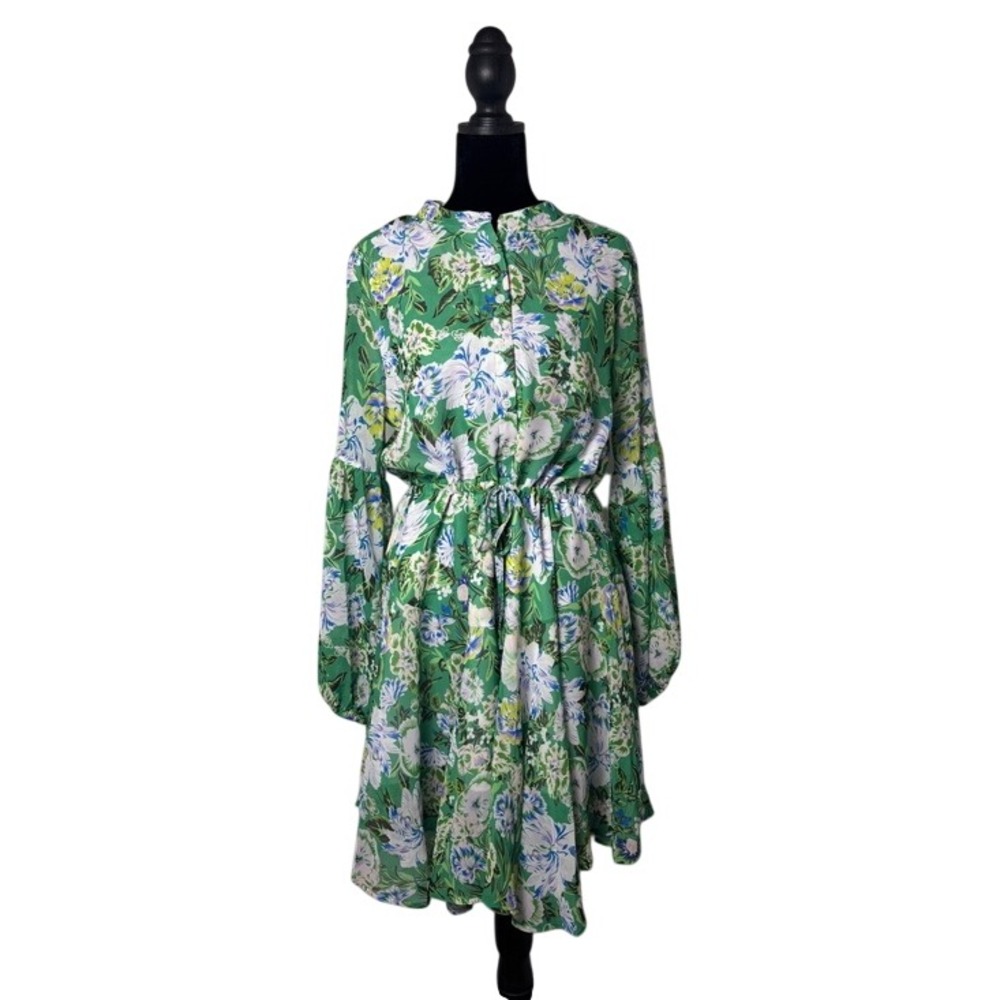 Clarisbelle Floral Mini Dress Womens Size M Green Long Sleeve Button Front VGUC